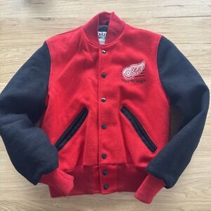VTG 90s DELONG Detroit Red Wing NHL Quilted Varsity Jacket Wool USA Sz Youth Lg